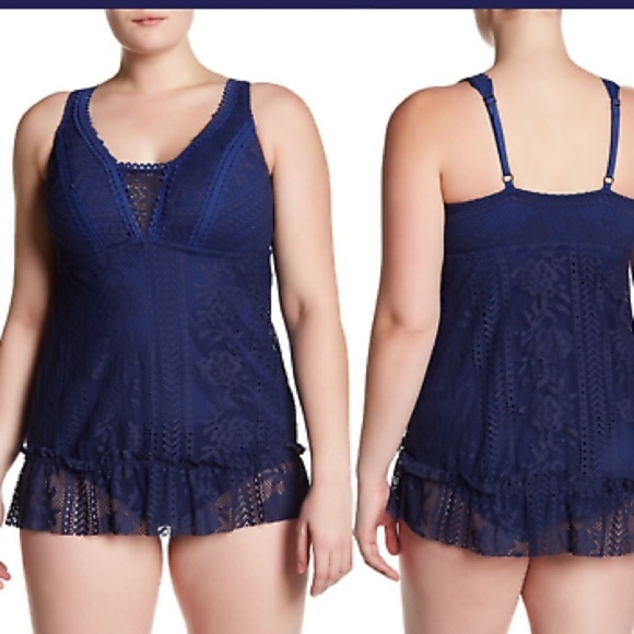 Becca NWT Lace Overlay Blue One Piece Swimdress - Picture 1 of 9